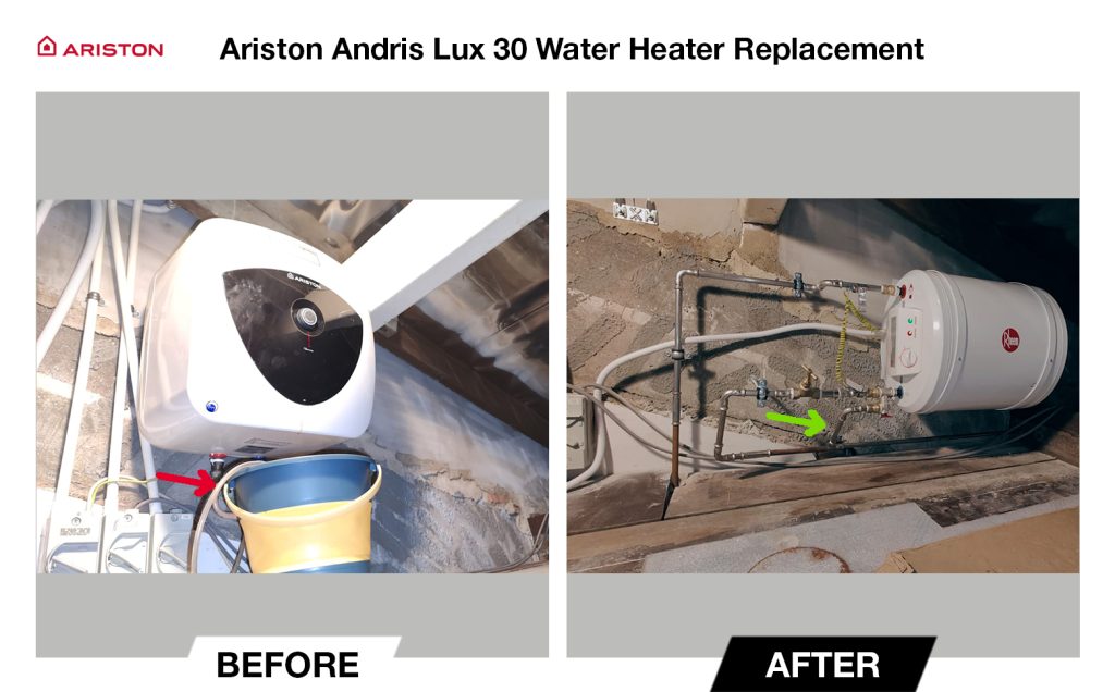 Ariston Water Leaking-replacement-before-after-west coast gardens